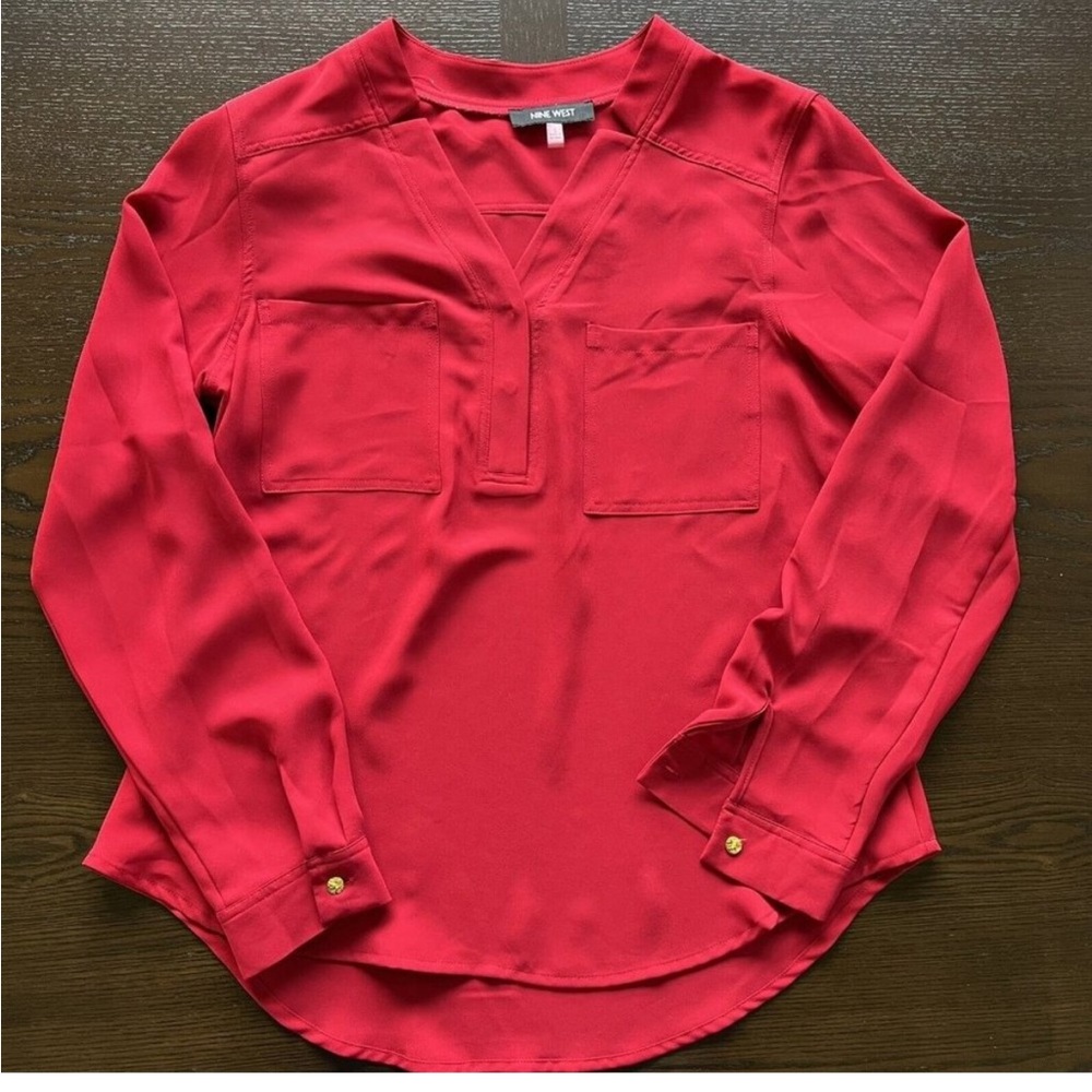 red doubled breasted pocket long sleeve blouse